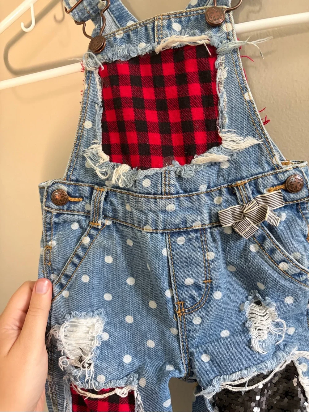 Oshkosh B’Gosh Girls denim overalls patchwork plaid sequin 12 month